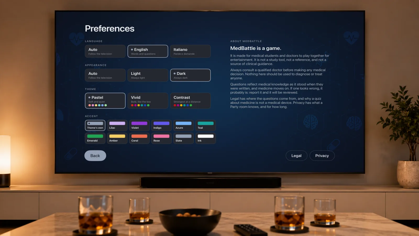 The Preferences screen: language set to English, appearance set to Dark, the Pastel theme selected beside Vivid and Contrast, and a grid of eleven accent colours