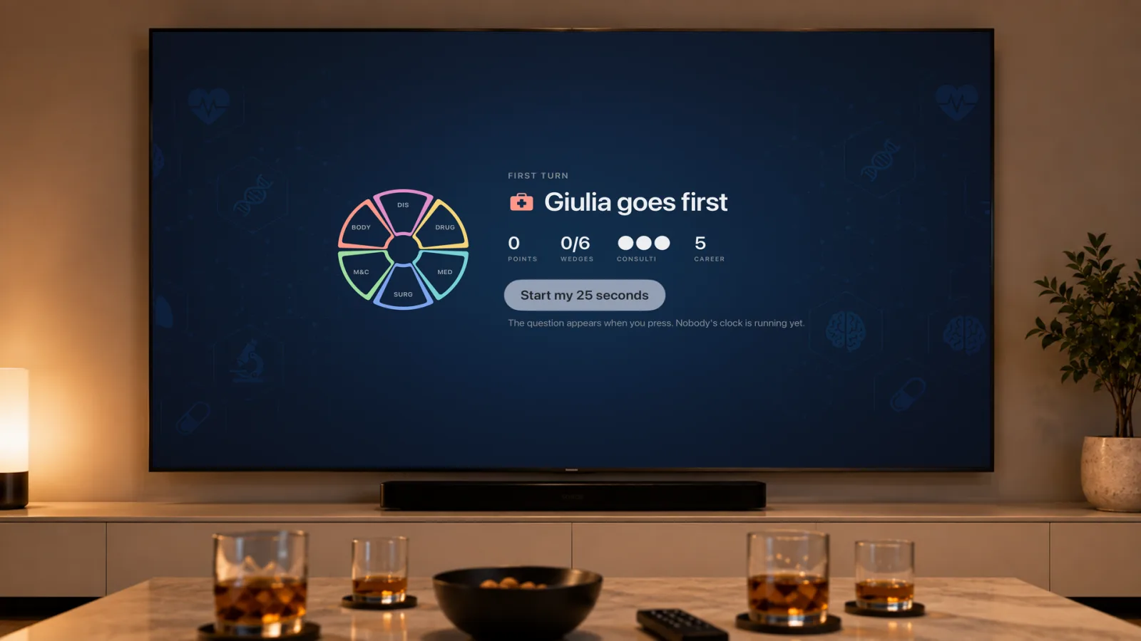 The first turn screen: “Giulia goes first”, with 0 points, 0 of 6 wedges, three Consulti and a career score, above a button reading “Start my 25 seconds”