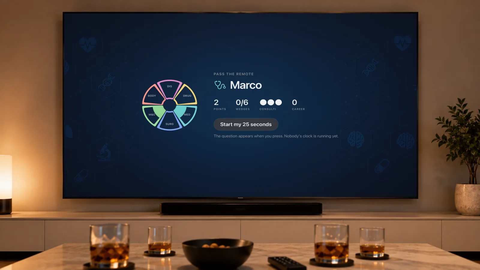 A Pass the remote screen for Marco, showing the wheel with the Mother & Child and Internal Medicine wedges partly filled, and a row of stats: 2 points, 0 of 6 wedges, three Consulti and a career score